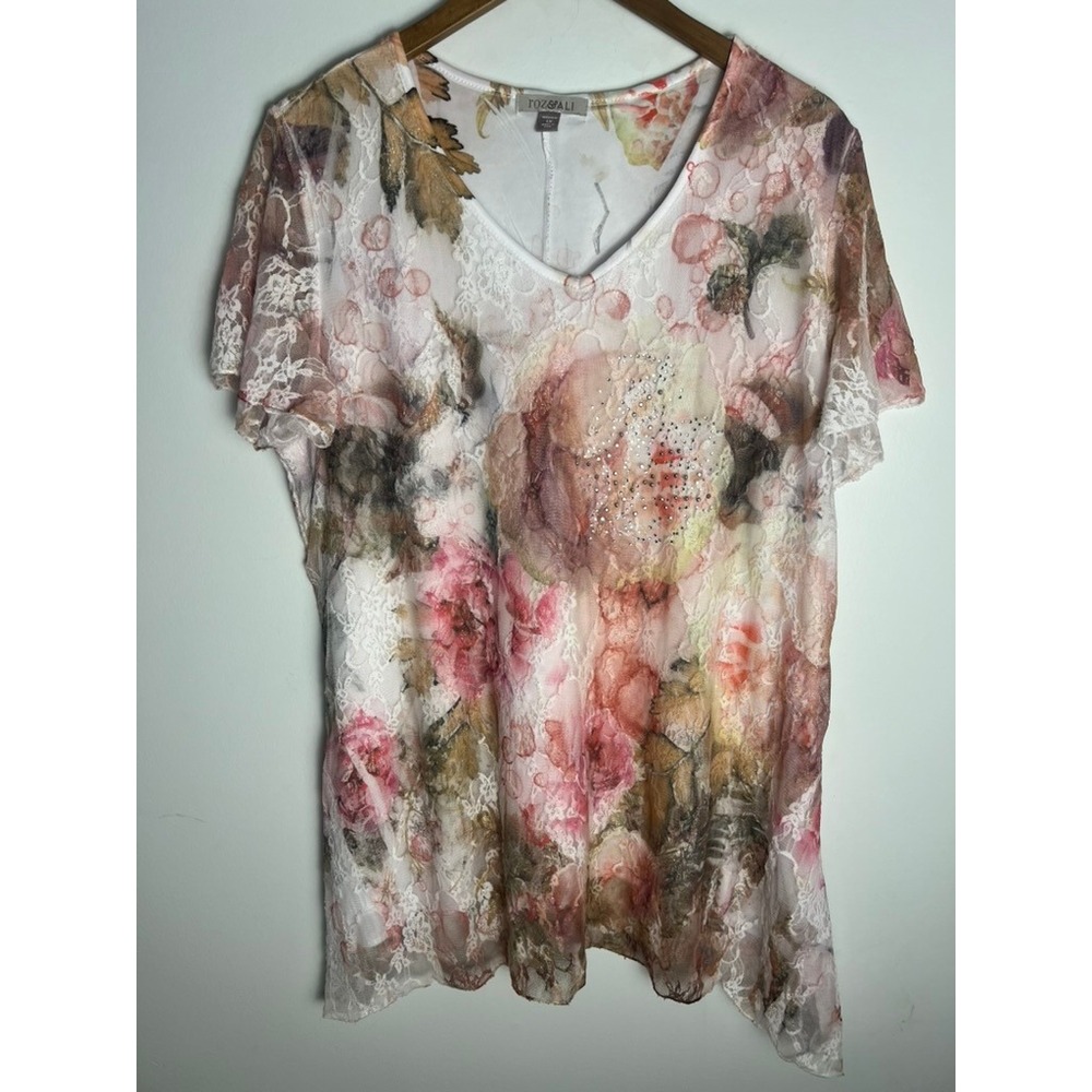 Roz & Ali 1X Floral Lace Rhinestone V-Neck Short Sleeve Blouse Top Fairy Cottage